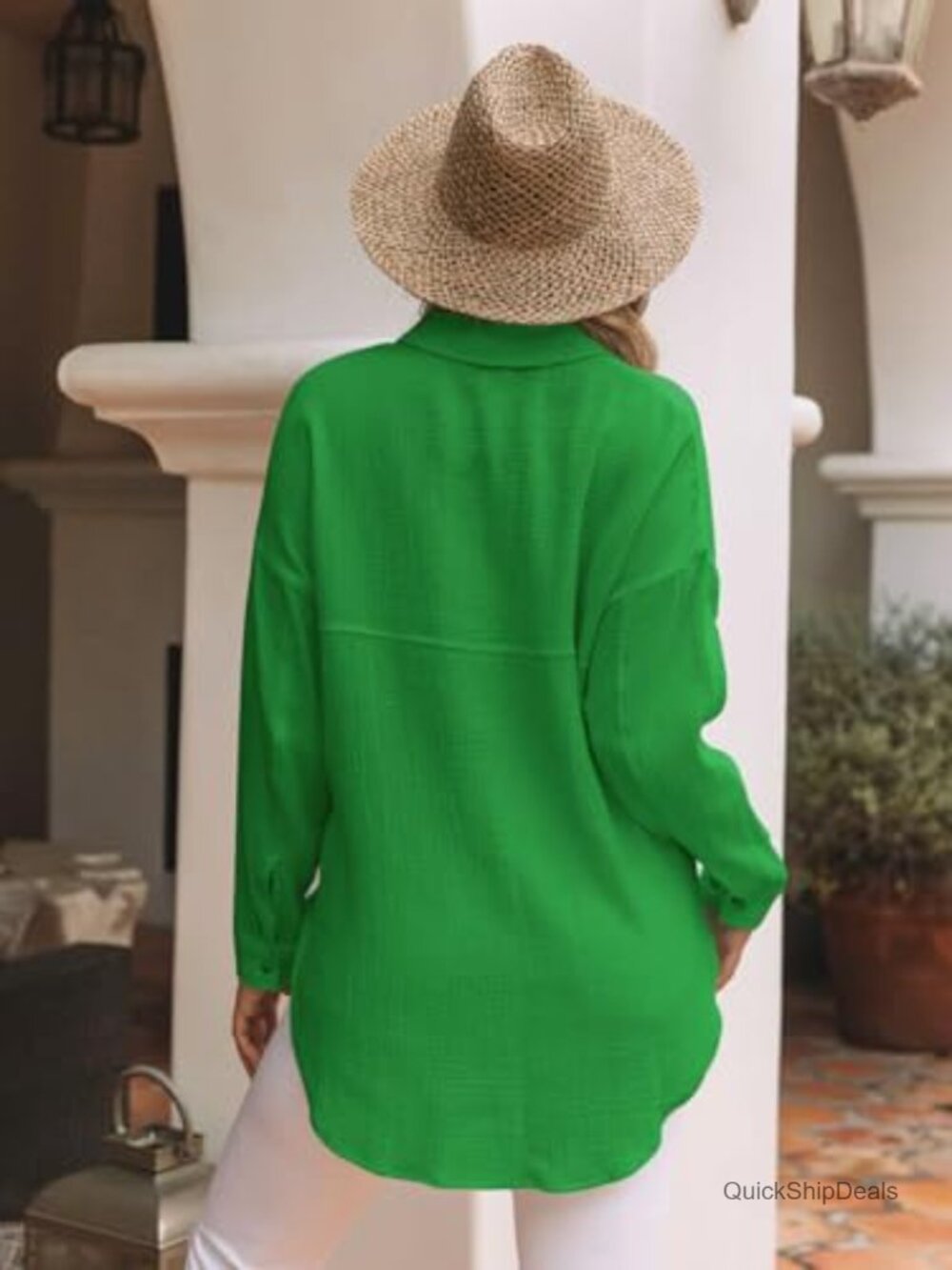 Oversized Cotton Button Down Long Sleeve Blouse with Pockets - Picture 3 of 4